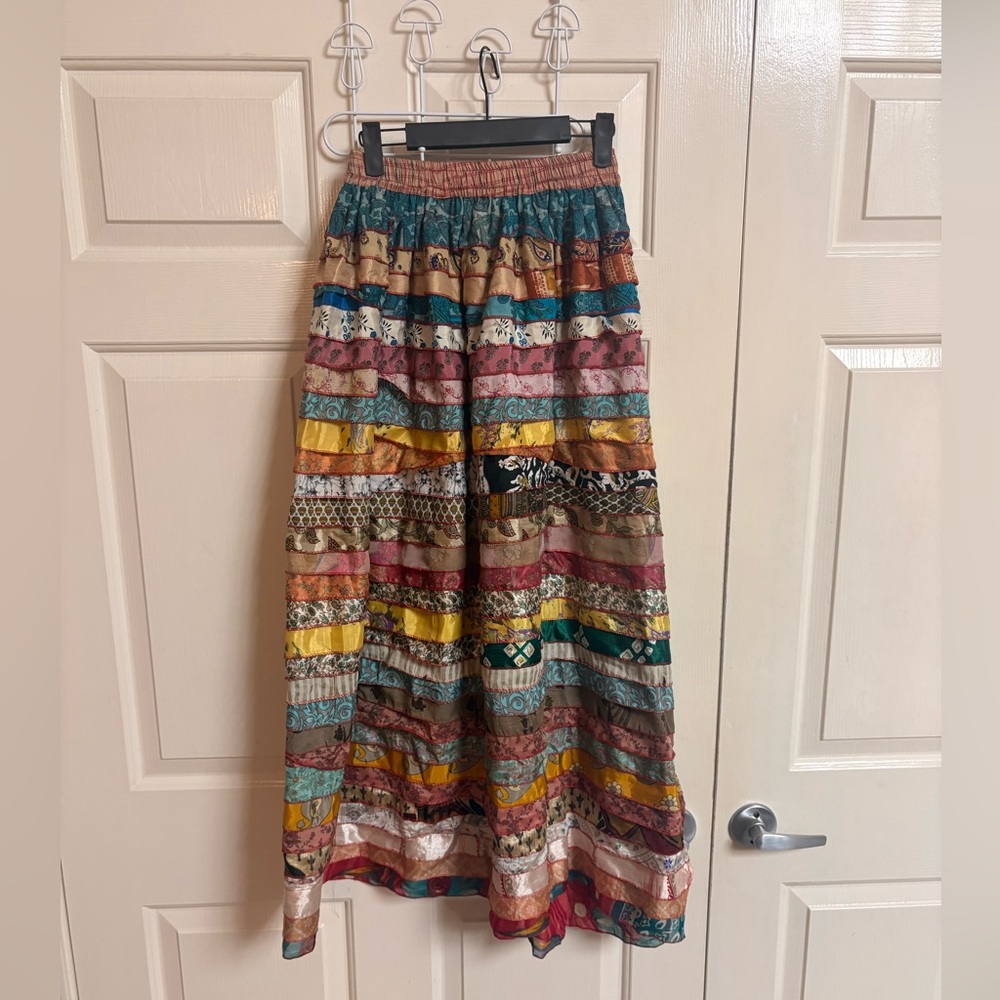 100% Silk Tiered Pathwork Sari Scarf Maxi Skirt Boho Hippie Maximalist